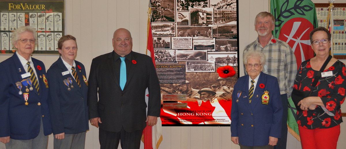 Left to Right - Margaret Lamon, Past President of Chesley Legion, Cathy Lamon, President of Chesley Legion 144, Larry Miller MP Grey-Bruce-Owen Sound, Mae Smith, Legion Secretary, Peter Street, son of Sydney Street, RRC and Lori Atkinson Smith