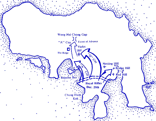 Map showing approximate lines of advance in 
    East Brigade counter-attacks, December 20 and 21, 1941