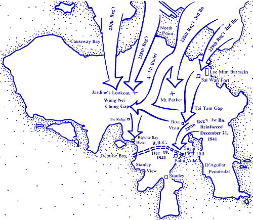 Map showing position of the Royal Rifles of 
    Canada, December 19, 1941 after withdrawal of East Brigade and approximate 
    lines of Japanese attack. 