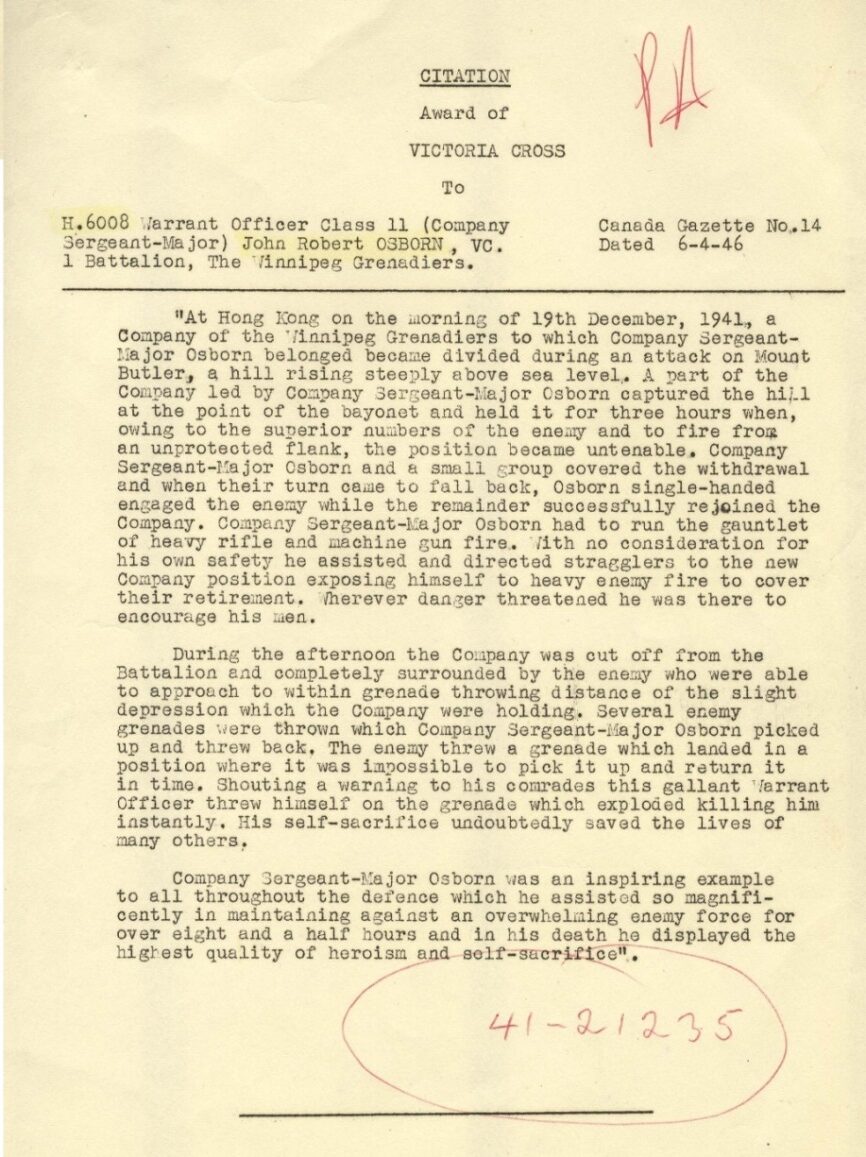 Canada Gazette page citing the Victoria Cross awarded to John Robert Osborn