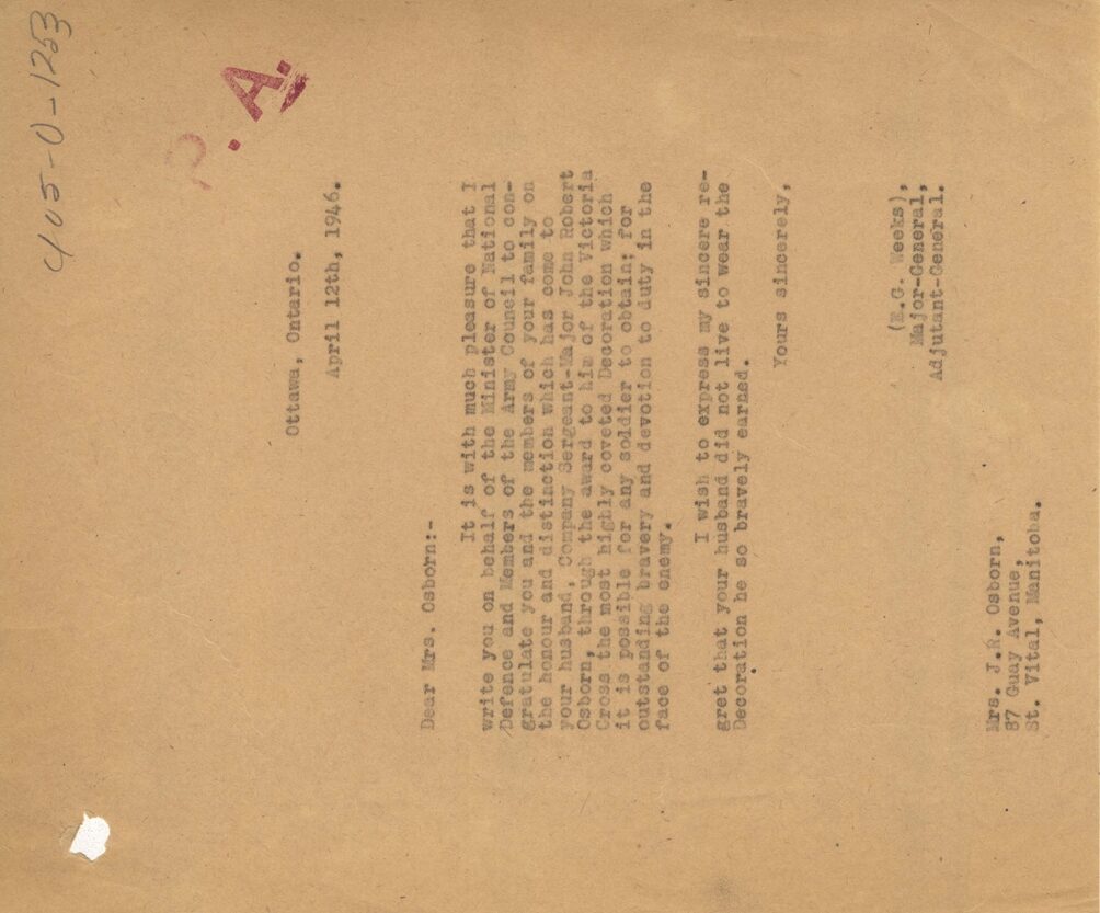 1946 letter from the Adjutant-General congratulating Mrs. Osborn on the Victoria Cross