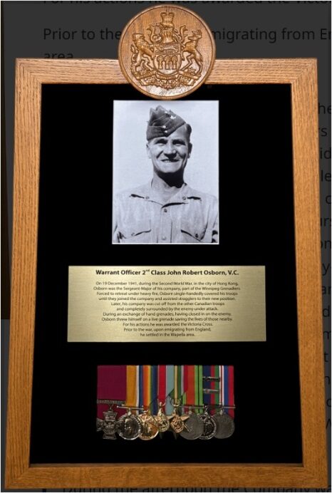 Framed memorial with portrait, plaque, and medals of John Robert Osborn VC