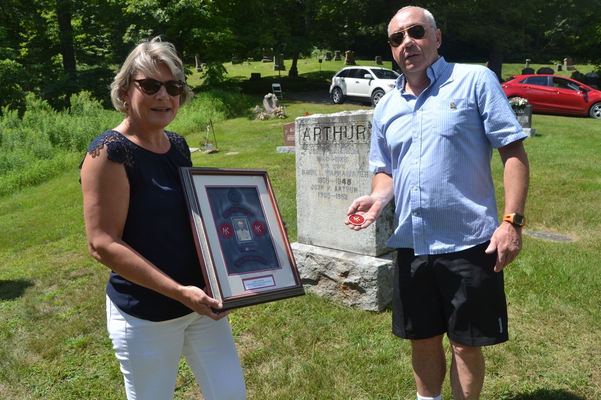 Teresa Stevens and Robert Ryan were among those who gathered at Glenwood Cemetery to remember their relative Jack (John) Arthur. The County native survived internment in a Japanese Prisoner-of-war camp after he and Allies laid down their arms at Hong Kong in 1941.  (From The Picton Gazette by Jason Parks on August 17, 2017)